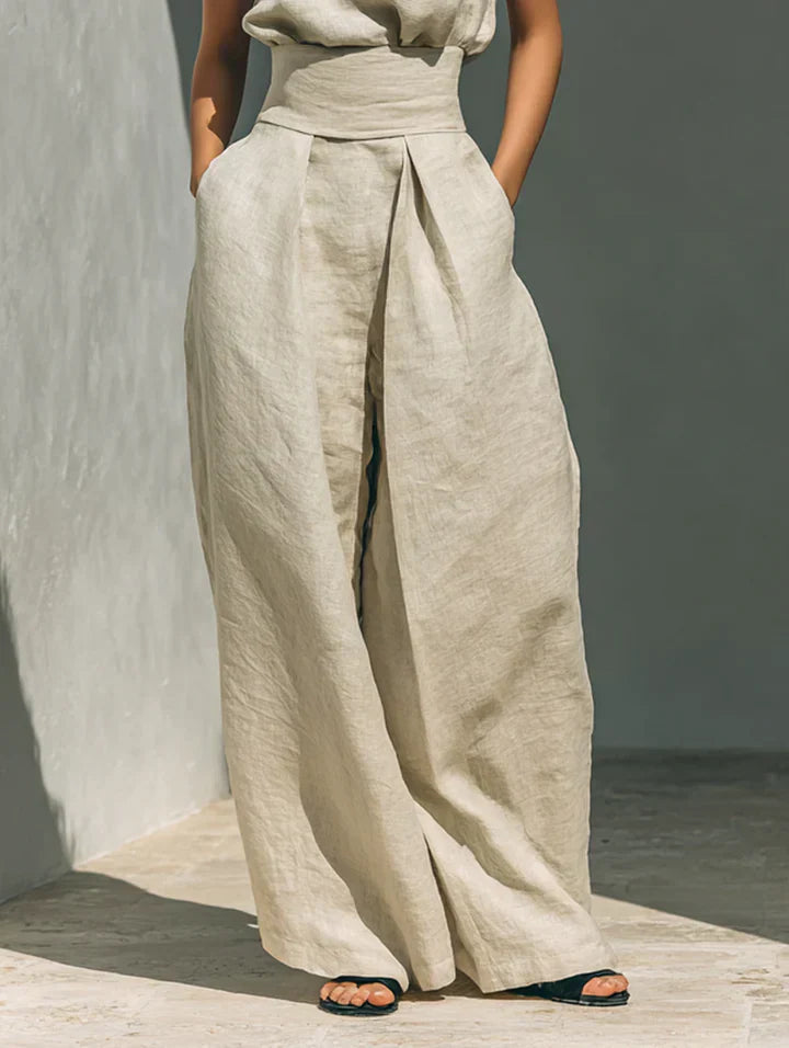Flor™ | Completo minimalista di canotta e pantaloni a gamba larga in cotone e lino per donna