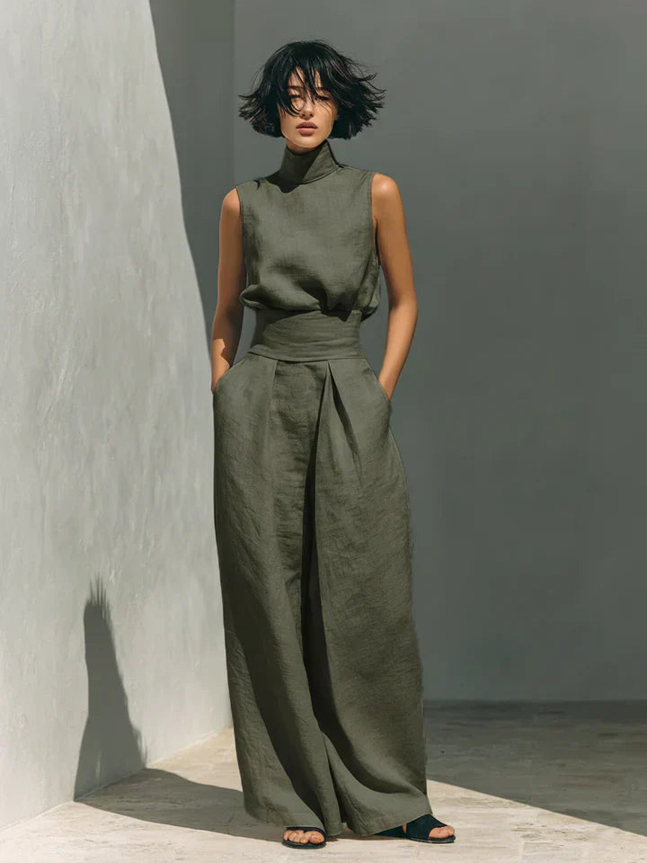Flor™ | Completo minimalista di canotta e pantaloni a gamba larga in cotone e lino per donna